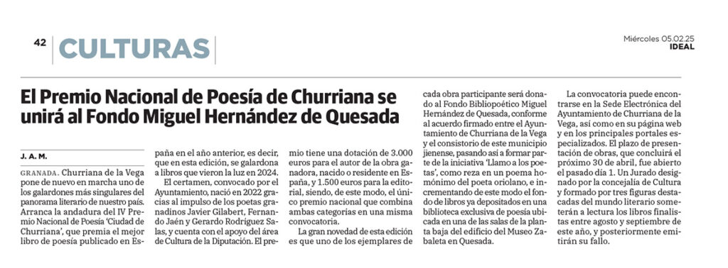 El Premio Nacional de Poesía de Churriana se unirá al Fondo Miguel Hernández de Quesada