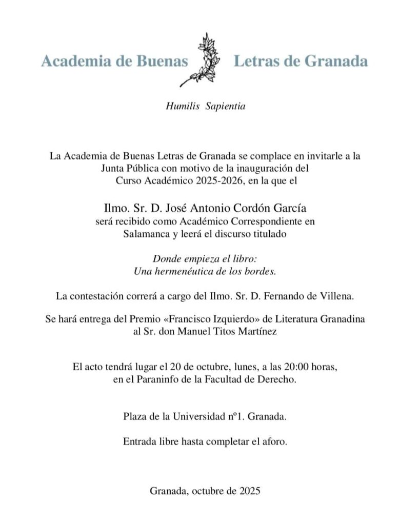 Junta Pública con motivo del ingreso como Académico Correspondiente en Salamanca del Ilmo. Sr. D. José Antonio Cordón García , entrega del XXI Premio Francisco Izquierdo e inauguración del curso 2025-2026